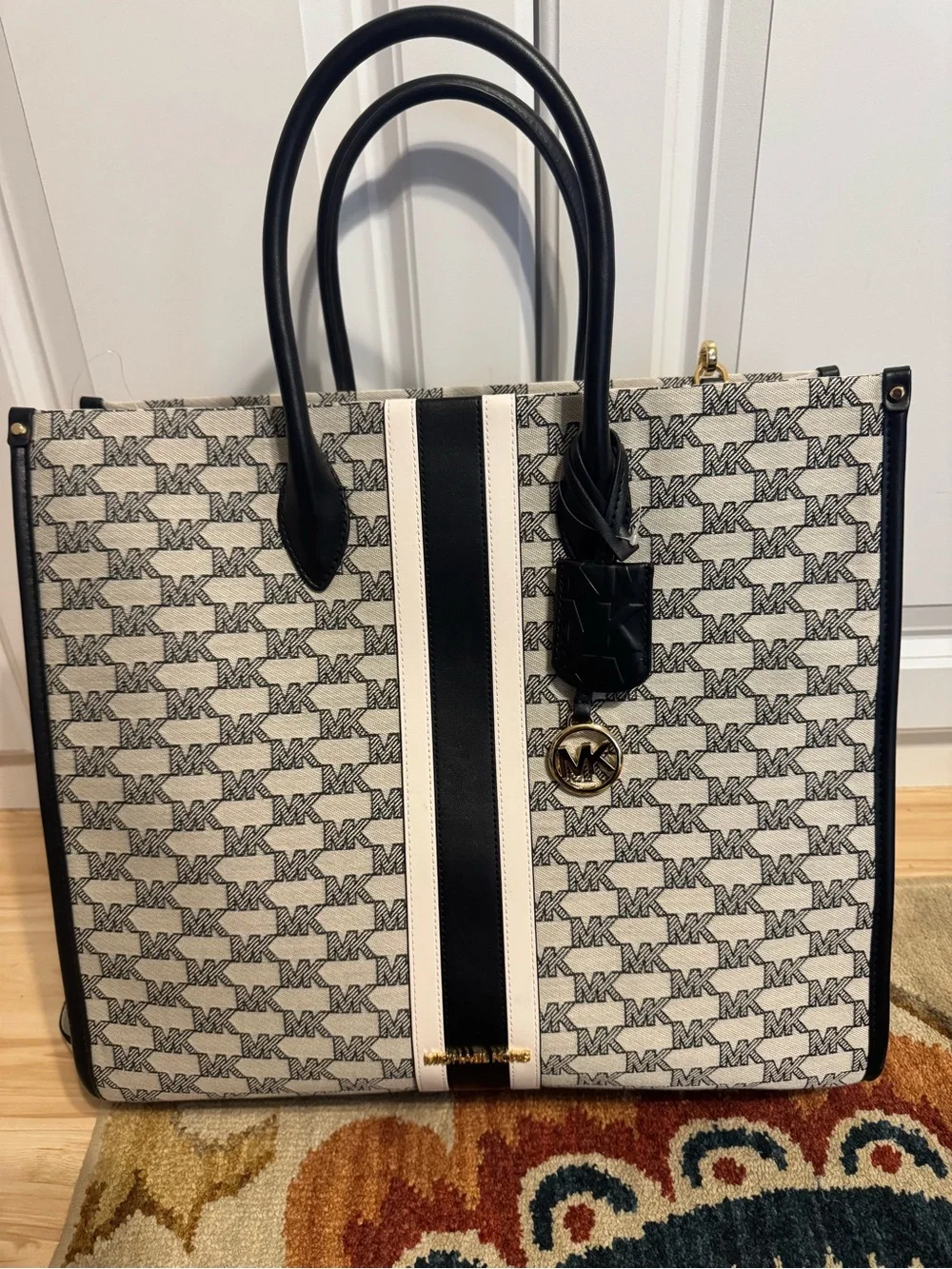 Michael Kors Black & White Signature Tote with Logo Strap